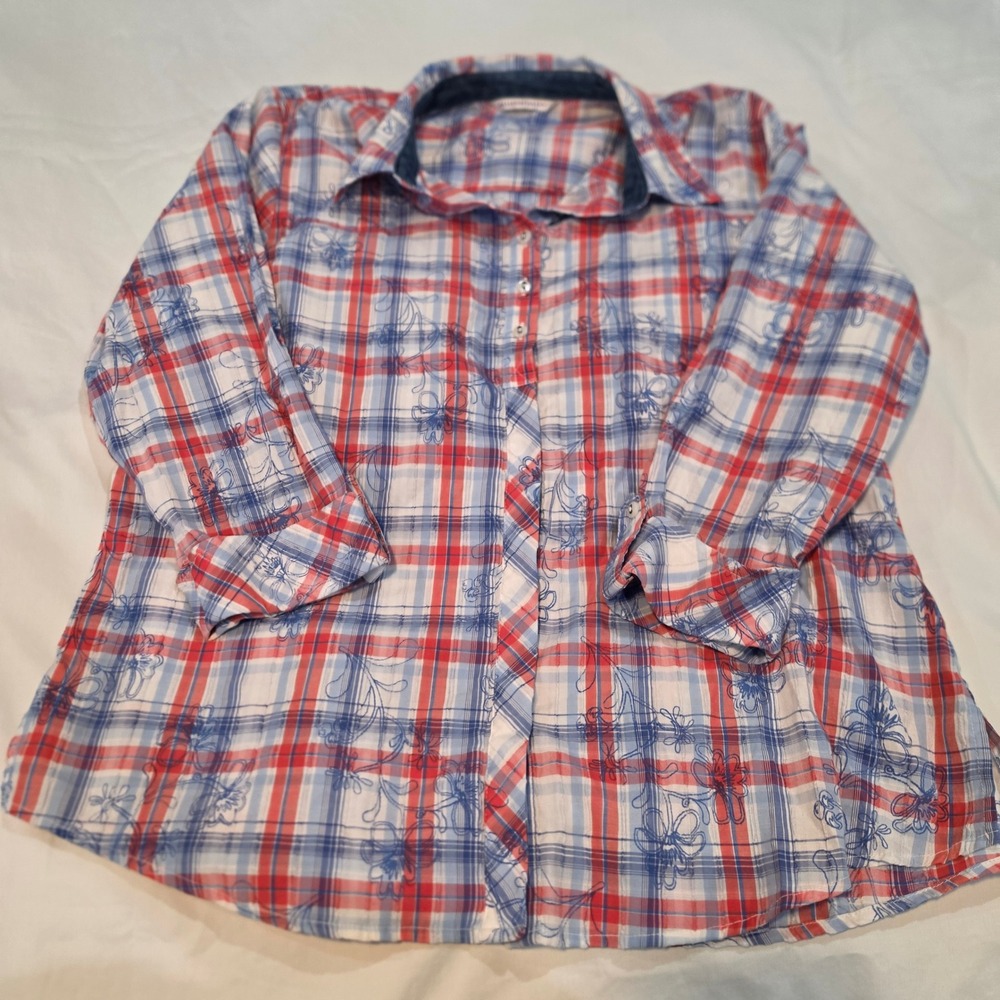 Allison Daley Button Up Women XL Red Blue Plaid Floral Embroidered Excellent 3/4
